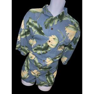 Tommy Bahama XL Mens Hawaiian Camp Blue Yellow Flowers Silk Shirt All Over Print
